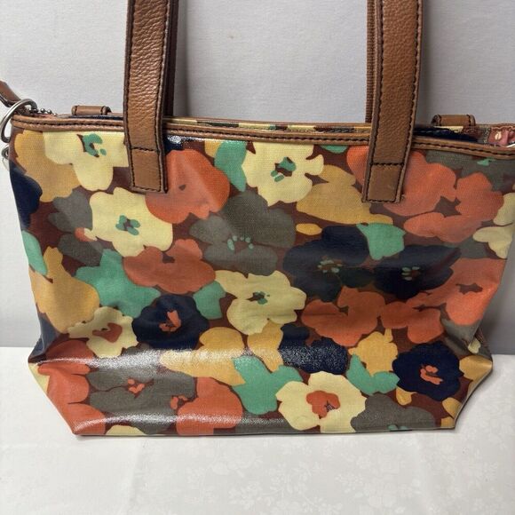 Fossil Key Per Coated Canvas Purse Tote Hand Bag Retro 70s Floral Brown Leather - Picture 4 of 12